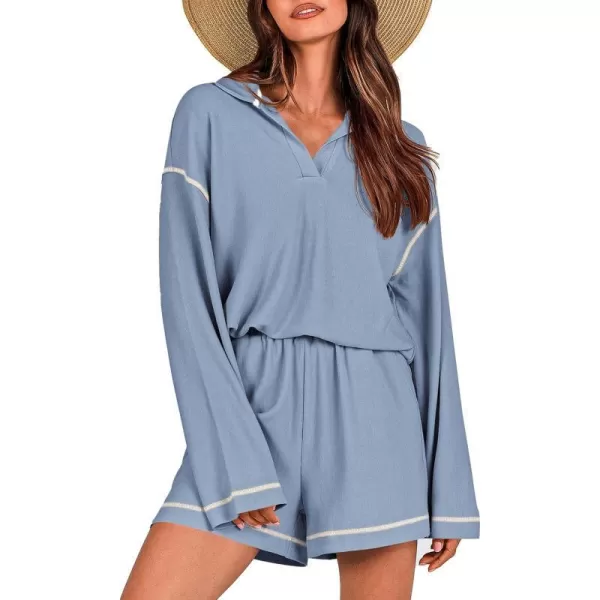 imagePRETTYGARDEN Womens 2023 Fall Two Piece Outfits Lounge Sets Tracksuit Long Sleeve Lapel Shirts Tops And Shorts With PocketsLight Blue