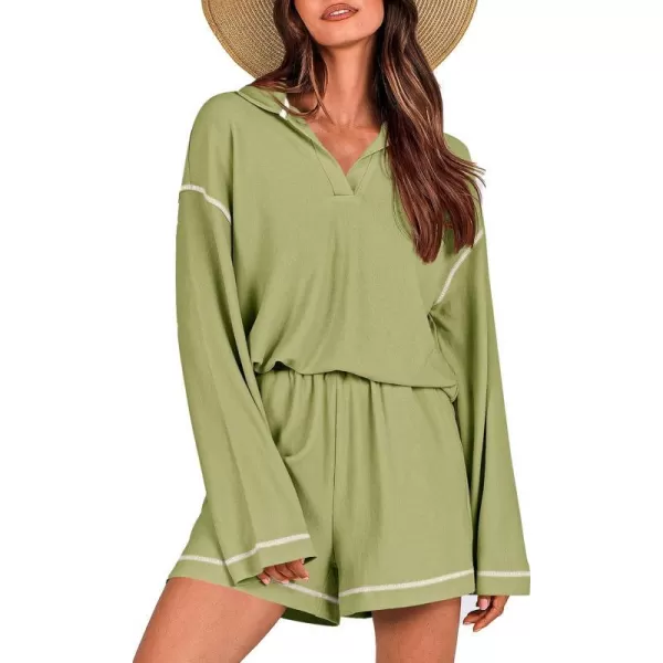 imagePRETTYGARDEN Womens 2023 Fall Two Piece Outfits Lounge Sets Tracksuit Long Sleeve Lapel Shirts Tops And Shorts With PocketsLight Green