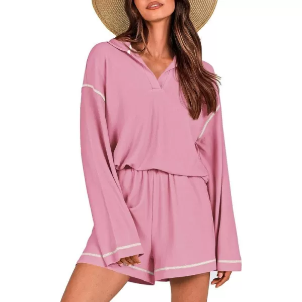 imagePRETTYGARDEN Womens 2023 Fall Two Piece Outfits Lounge Sets Tracksuit Long Sleeve Lapel Shirts Tops And Shorts With PocketsPink