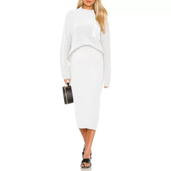 imagePRETTYGARDEN Womens 2023 Fall Two Piece Outfits Ribbed Knit Long Sleeve Pullover Sweater And Bodycon Midi Skirt SetsBeige White