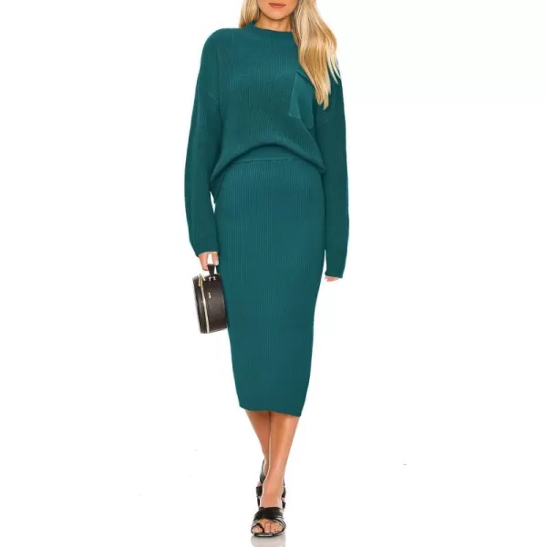 imagePRETTYGARDEN Womens 2023 Fall Two Piece Outfits Ribbed Knit Long Sleeve Pullover Sweater And Bodycon Midi Skirt SetsBlue Green