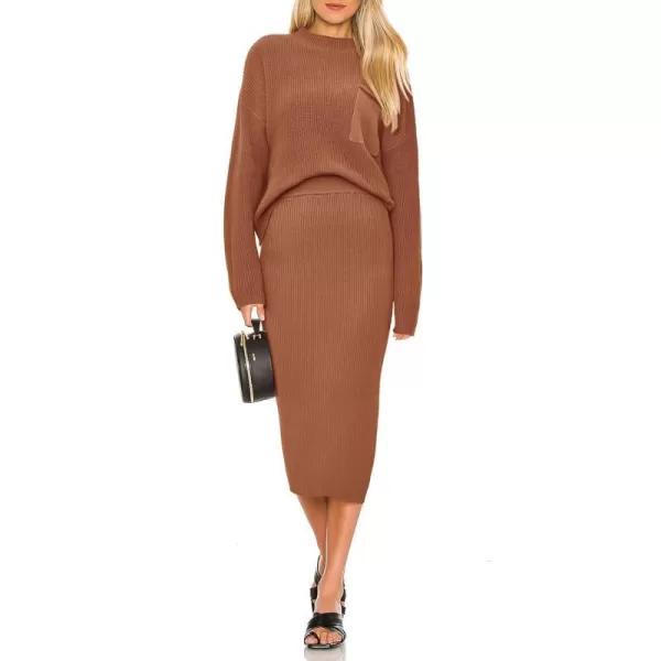 imagePRETTYGARDEN Womens 2023 Fall Two Piece Outfits Ribbed Knit Long Sleeve Pullover Sweater And Bodycon Midi Skirt SetsBrown