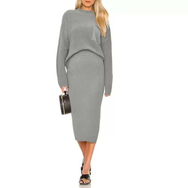 imagePRETTYGARDEN Womens 2023 Fall Two Piece Outfits Ribbed Knit Long Sleeve Pullover Sweater And Bodycon Midi Skirt SetsLight Grey