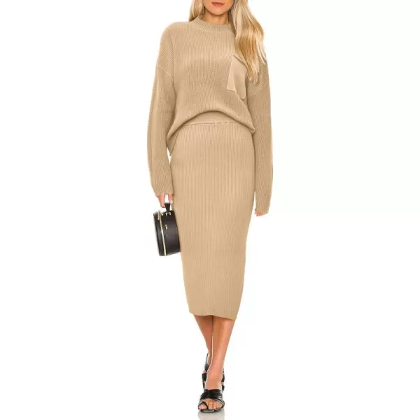 imagePRETTYGARDEN Womens 2023 Fall Two Piece Outfits Ribbed Knit Long Sleeve Pullover Sweater And Bodycon Midi Skirt SetsLight Khaki