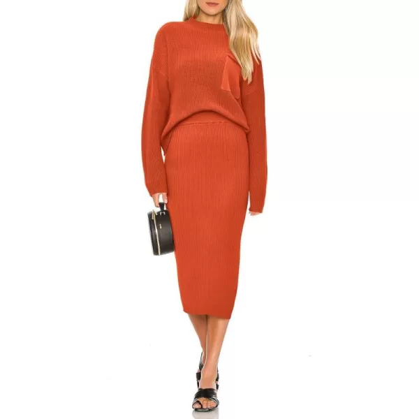 imagePRETTYGARDEN Womens 2023 Fall Two Piece Outfits Ribbed Knit Long Sleeve Pullover Sweater And Bodycon Midi Skirt SetsOrange