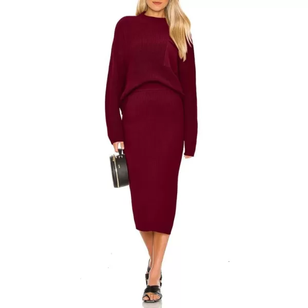 imagePRETTYGARDEN Womens 2023 Fall Two Piece Outfits Ribbed Knit Long Sleeve Pullover Sweater And Bodycon Midi Skirt SetsWine Red