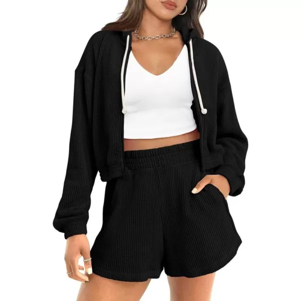 imagePRETTYGARDEN Womens 2023 Fall Two Piece Outfits Waffle Knit Tracksuit Long Sleeve Zip Up Hoodie And Shorts Set Y2K SweatsuitBlack
