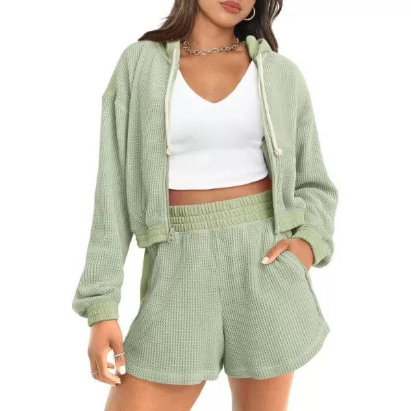 imagePRETTYGARDEN Womens 2023 Fall Two Piece Outfits Waffle Knit Tracksuit Long Sleeve Zip Up Hoodie And Shorts Set Y2K SweatsuitLight Green