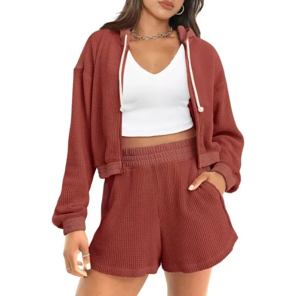 imagePRETTYGARDEN Womens 2023 Fall Two Piece Outfits Waffle Knit Tracksuit Long Sleeve Zip Up Hoodie And Shorts Set Y2K SweatsuitOrange