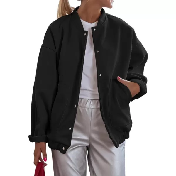 imagePRETTYGARDEN Womens 2023 Fall Varsity Bomber Jackets Casual Baseball Collar Button Down Coats OuterwearBlack