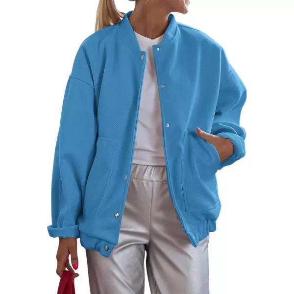 imagePRETTYGARDEN Womens 2023 Fall Varsity Bomber Jackets Casual Baseball Collar Button Down Coats OuterwearBlue