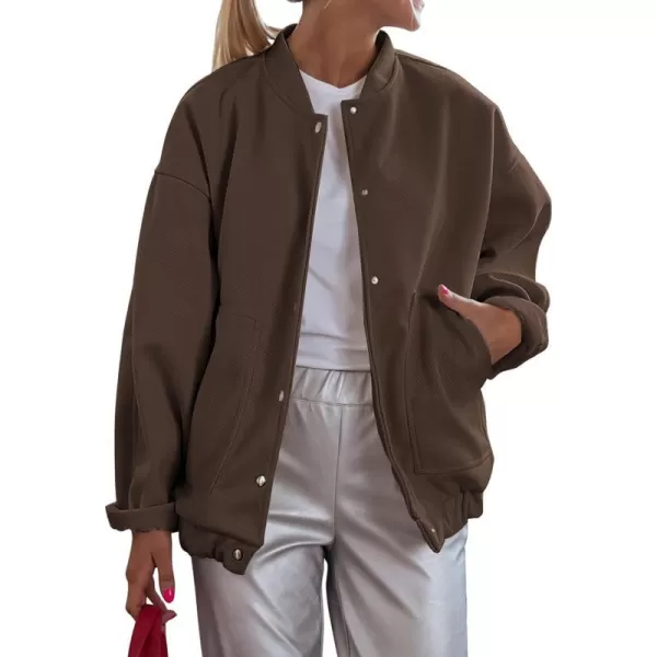 imagePRETTYGARDEN Womens 2023 Fall Varsity Bomber Jackets Casual Baseball Collar Button Down Coats OuterwearBrown