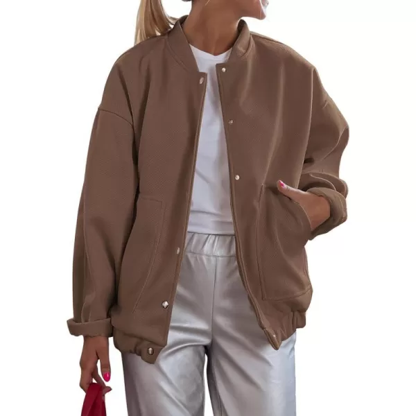 imagePRETTYGARDEN Womens 2023 Fall Varsity Bomber Jackets Casual Baseball Collar Button Down Coats OuterwearDark Khaki