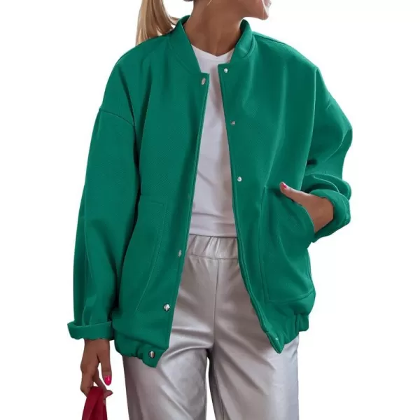 imagePRETTYGARDEN Womens 2023 Fall Varsity Bomber Jackets Casual Baseball Collar Button Down Coats OuterwearGreen