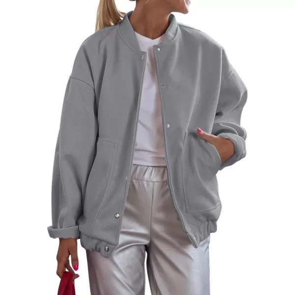 imagePRETTYGARDEN Womens 2023 Fall Varsity Bomber Jackets Casual Baseball Collar Button Down Coats OuterwearGrey