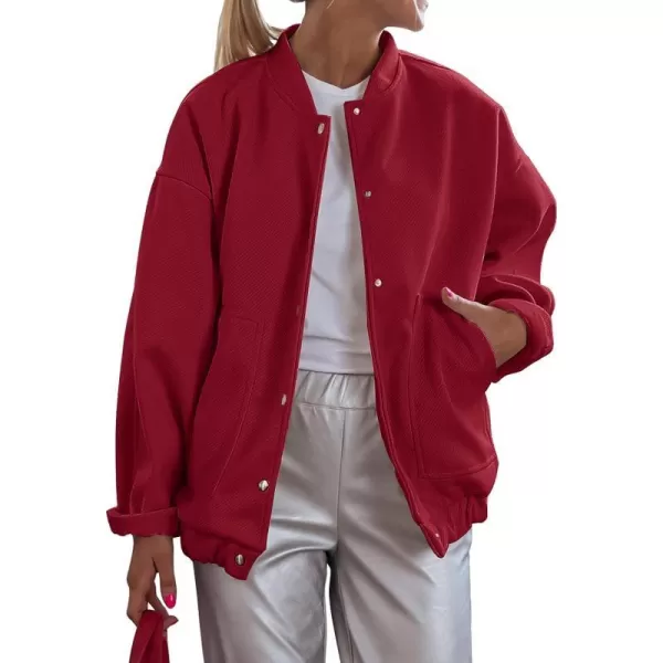 imagePRETTYGARDEN Womens 2023 Fall Varsity Bomber Jackets Casual Baseball Collar Button Down Coats OuterwearRed