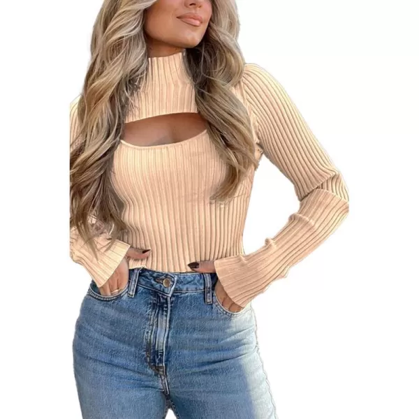 imagePRETTYGARDEN Womens 2023 Fashion Fall Clothes 2 Piece Cutout Tops Long Sleeve Mock Neck Rib Knit Winter Pullover SweaterApricot