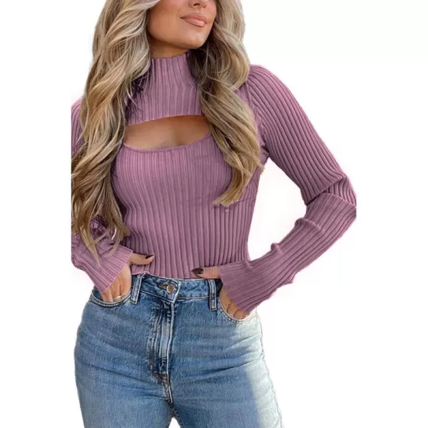 imagePRETTYGARDEN Womens 2023 Fashion Fall Clothes 2 Piece Cutout Tops Long Sleeve Mock Neck Rib Knit Winter Pullover SweaterBean Paste Purple