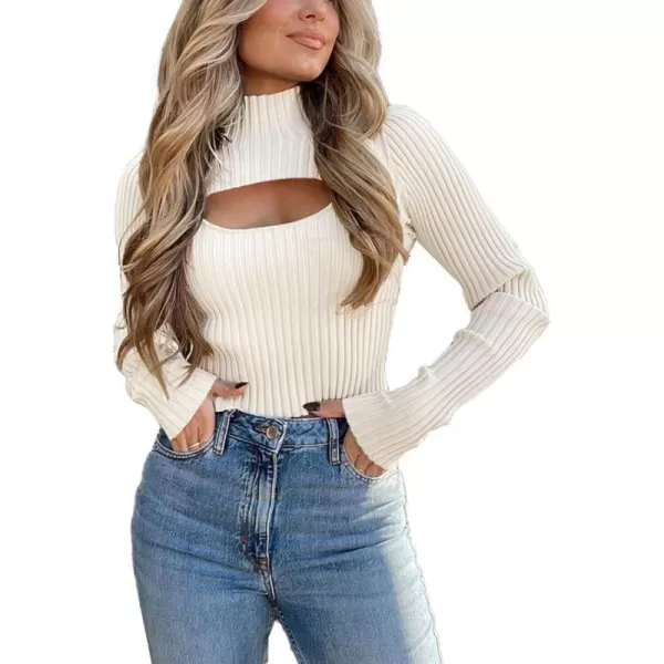 imagePRETTYGARDEN Womens 2023 Fashion Fall Clothes 2 Piece Cutout Tops Long Sleeve Mock Neck Rib Knit Winter Pullover SweaterBeige White