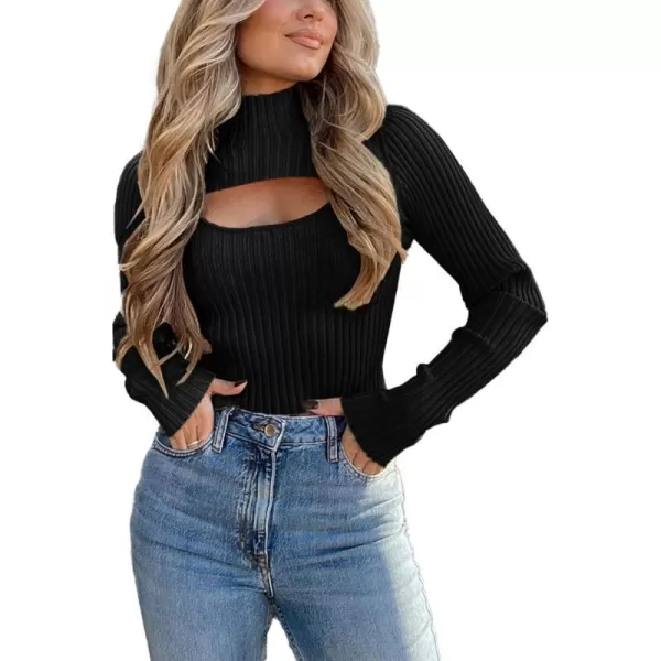 imagePRETTYGARDEN Womens 2023 Fashion Fall Clothes 2 Piece Cutout Tops Long Sleeve Mock Neck Rib Knit Winter Pullover SweaterBlack