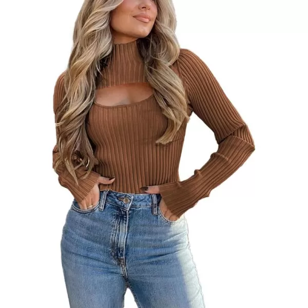 imagePRETTYGARDEN Womens 2023 Fashion Fall Clothes 2 Piece Cutout Tops Long Sleeve Mock Neck Rib Knit Winter Pullover SweaterBrown