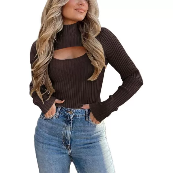 imagePRETTYGARDEN Womens 2023 Fashion Fall Clothes 2 Piece Cutout Tops Long Sleeve Mock Neck Rib Knit Winter Pullover SweaterCoffee