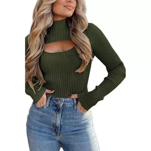 imagePRETTYGARDEN Womens 2023 Fashion Fall Clothes 2 Piece Cutout Tops Long Sleeve Mock Neck Rib Knit Winter Pullover SweaterDark Army Green