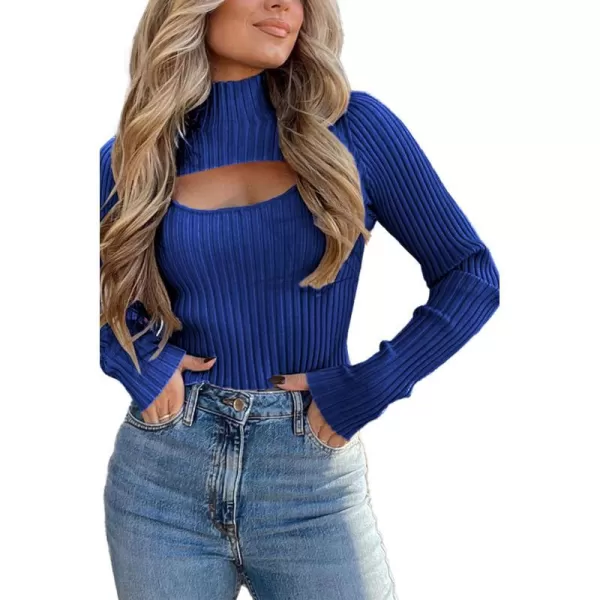 imagePRETTYGARDEN Womens 2023 Fashion Fall Clothes 2 Piece Cutout Tops Long Sleeve Mock Neck Rib Knit Winter Pullover SweaterDark Royal Blue