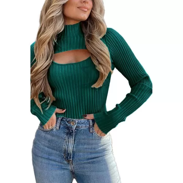 imagePRETTYGARDEN Womens 2023 Fashion Fall Clothes 2 Piece Cutout Tops Long Sleeve Mock Neck Rib Knit Winter Pullover SweaterLake Green