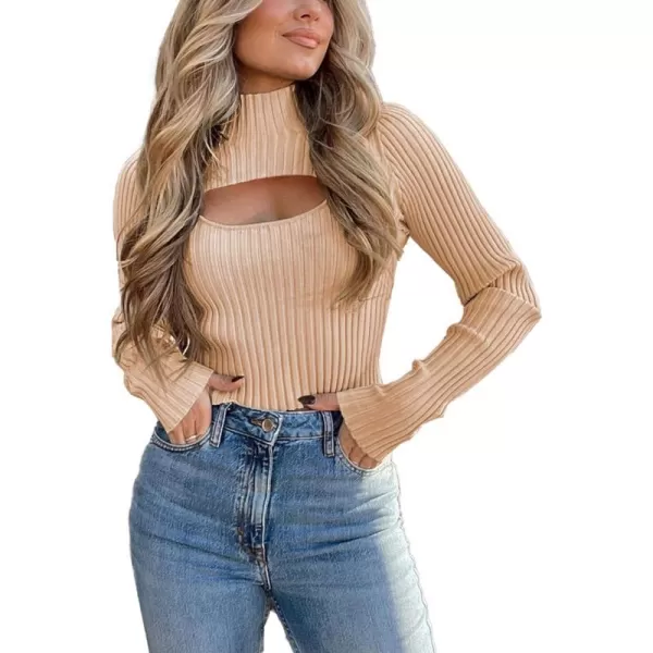 imagePRETTYGARDEN Womens 2023 Fashion Fall Clothes 2 Piece Cutout Tops Long Sleeve Mock Neck Rib Knit Winter Pullover SweaterLight Khaki