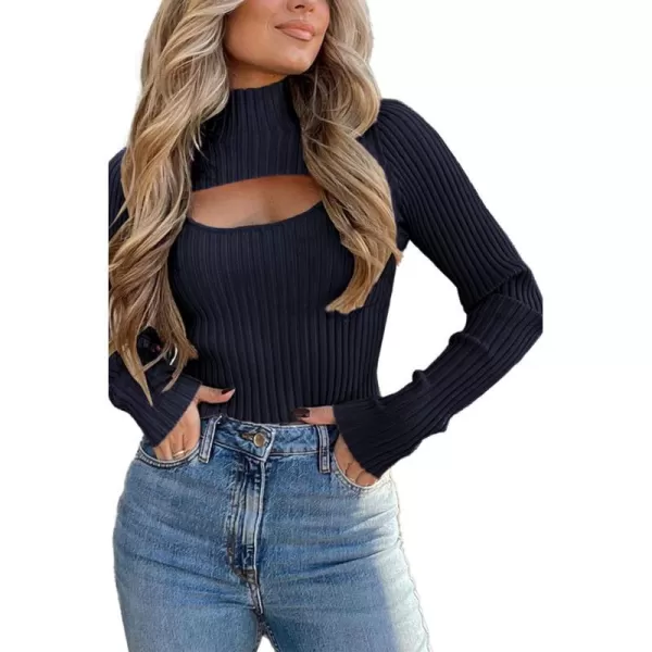 imagePRETTYGARDEN Womens 2023 Fashion Fall Clothes 2 Piece Cutout Tops Long Sleeve Mock Neck Rib Knit Winter Pullover SweaterNavy