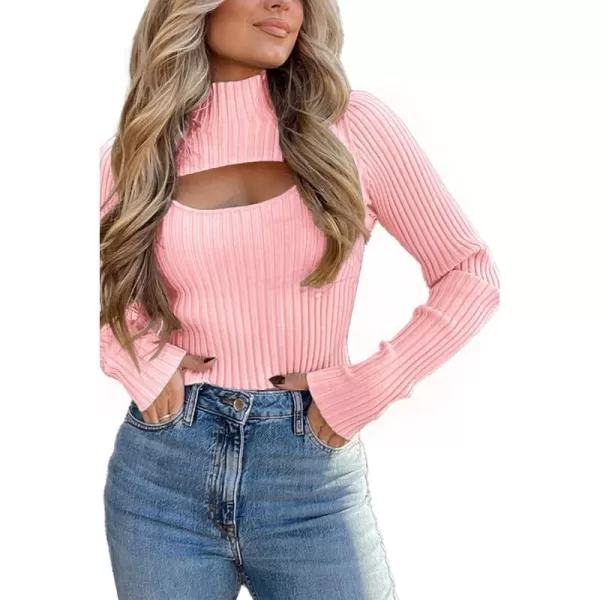 imagePRETTYGARDEN Womens 2023 Fashion Fall Clothes 2 Piece Cutout Tops Long Sleeve Mock Neck Rib Knit Winter Pullover SweaterPink