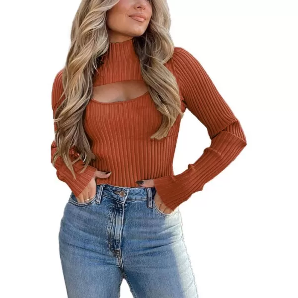 imagePRETTYGARDEN Womens 2023 Fashion Fall Clothes 2 Piece Cutout Tops Long Sleeve Mock Neck Rib Knit Winter Pullover SweaterRust Red