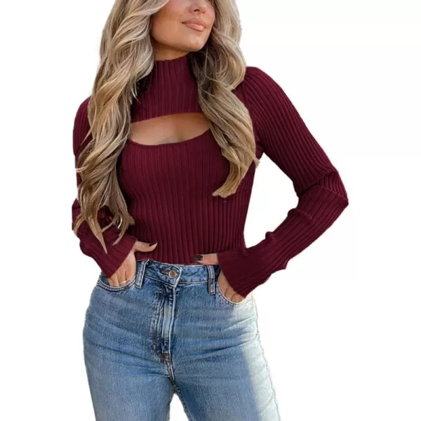 imagePRETTYGARDEN Womens 2023 Fashion Fall Clothes 2 Piece Cutout Tops Long Sleeve Mock Neck Rib Knit Winter Pullover SweaterWine Red