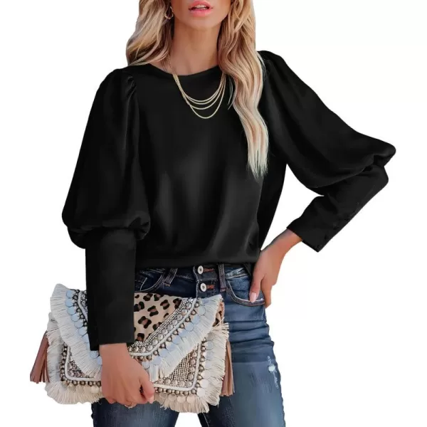 imagePRETTYGARDEN Womens 2023 Fashion Satin Tops Long Puff Sleeve Crewneck Casual Loose Fit Blouse ShirtBlack