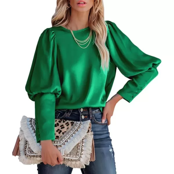 imagePRETTYGARDEN Womens 2023 Fashion Satin Tops Long Puff Sleeve Crewneck Casual Loose Fit Blouse ShirtGreen