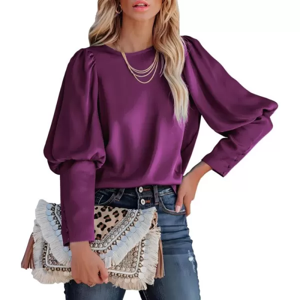 imagePRETTYGARDEN Womens 2023 Fashion Satin Tops Long Puff Sleeve Crewneck Casual Loose Fit Blouse ShirtPurple