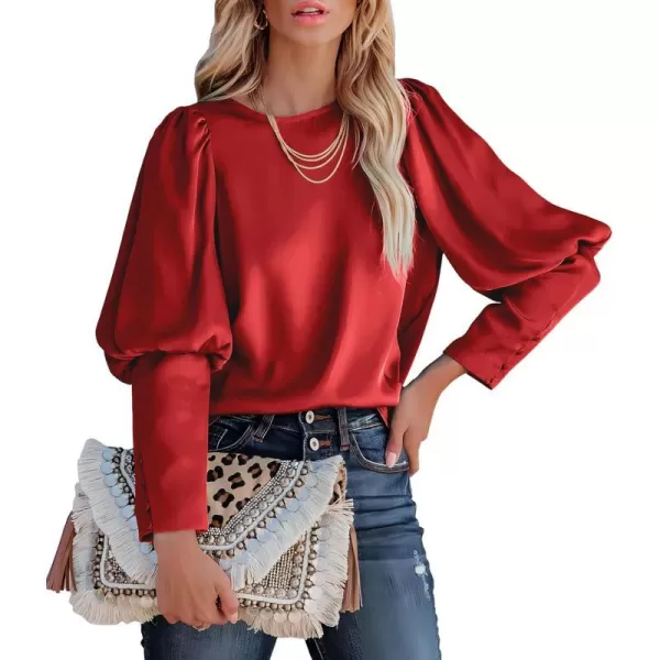 imagePRETTYGARDEN Womens 2023 Fashion Satin Tops Long Puff Sleeve Crewneck Casual Loose Fit Blouse ShirtRed