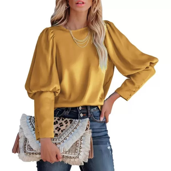imagePRETTYGARDEN Womens 2023 Fashion Satin Tops Long Puff Sleeve Crewneck Casual Loose Fit Blouse ShirtYellow