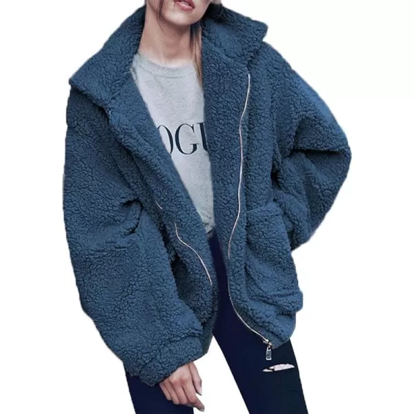 imagePRETTYGARDEN Womens 2023 Fashion Winter Coat Long Sleeve Lapel Zip Up Faux Shearling Shaggy Oversized Shacket JacketBlue