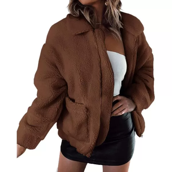 imagePRETTYGARDEN Womens 2023 Fashion Winter Coat Long Sleeve Lapel Zip Up Faux Shearling Shaggy Oversized Shacket JacketBrown