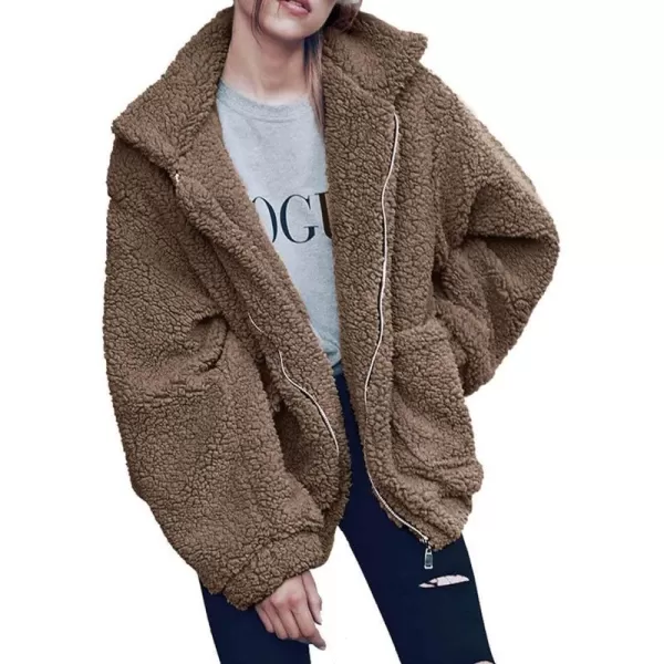 imagePRETTYGARDEN Womens 2023 Fashion Winter Coat Long Sleeve Lapel Zip Up Faux Shearling Shaggy Oversized Shacket JacketCoffee