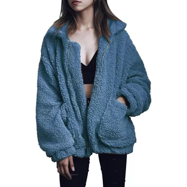 imagePRETTYGARDEN Womens 2023 Fashion Winter Coat Long Sleeve Lapel Zip Up Faux Shearling Shaggy Oversized Shacket JacketDark Blue