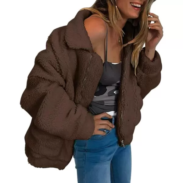 imagePRETTYGARDEN Womens 2023 Fashion Winter Coat Long Sleeve Lapel Zip Up Faux Shearling Shaggy Oversized Shacket JacketDark Coffee