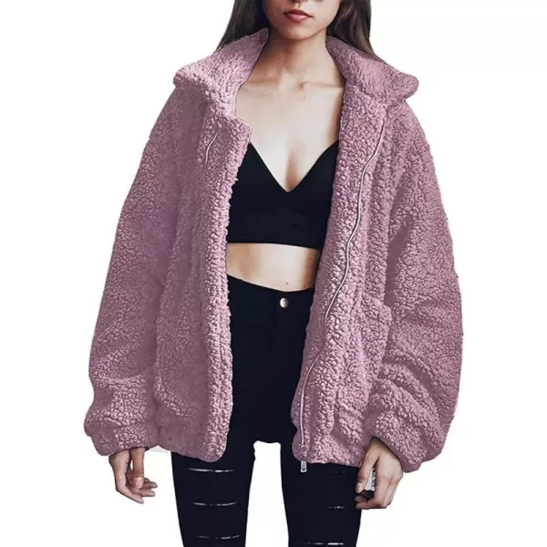 imagePRETTYGARDEN Womens 2023 Fashion Winter Coat Long Sleeve Lapel Zip Up Faux Shearling Shaggy Oversized Shacket JacketDark Pink