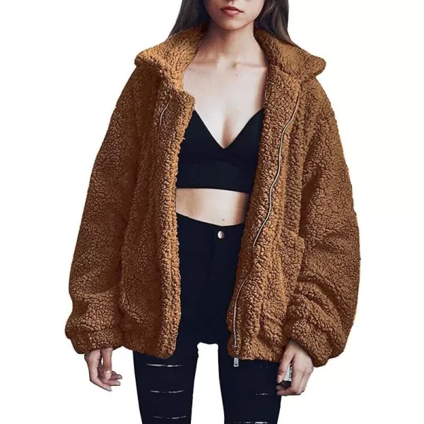 imagePRETTYGARDEN Womens 2023 Fashion Winter Coat Long Sleeve Lapel Zip Up Faux Shearling Shaggy Oversized Shacket JacketGolden