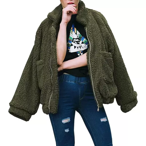imagePRETTYGARDEN Womens 2023 Fashion Winter Coat Long Sleeve Lapel Zip Up Faux Shearling Shaggy Oversized Shacket JacketGreen