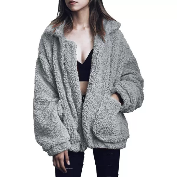 imagePRETTYGARDEN Womens 2023 Fashion Winter Coat Long Sleeve Lapel Zip Up Faux Shearling Shaggy Oversized Shacket JacketGrey
