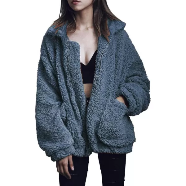 imagePRETTYGARDEN Womens 2023 Fashion Winter Coat Long Sleeve Lapel Zip Up Faux Shearling Shaggy Oversized Shacket JacketGrey Blue