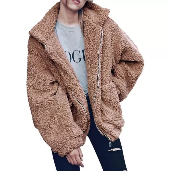 imagePRETTYGARDEN Womens 2023 Fashion Winter Coat Long Sleeve Lapel Zip Up Faux Shearling Shaggy Oversized Shacket JacketKhaki